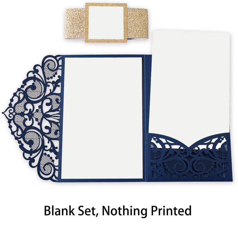 DORIS HOME 50PCS Laser Cut Wedding Invitations with Envelopes and RSVP Cards BLANK Inner With Gold Glitter Belly Band for Wedding Engagement Bridal Shower Party Invite 4.7x7 Inch Navy Blue - Image 2